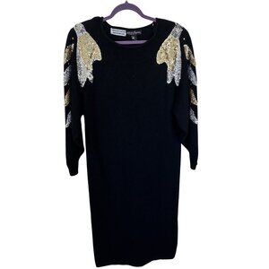 Vtg Black Sequin Embellished Sweater Dress By Gladys Bagley Womens 90s Silk